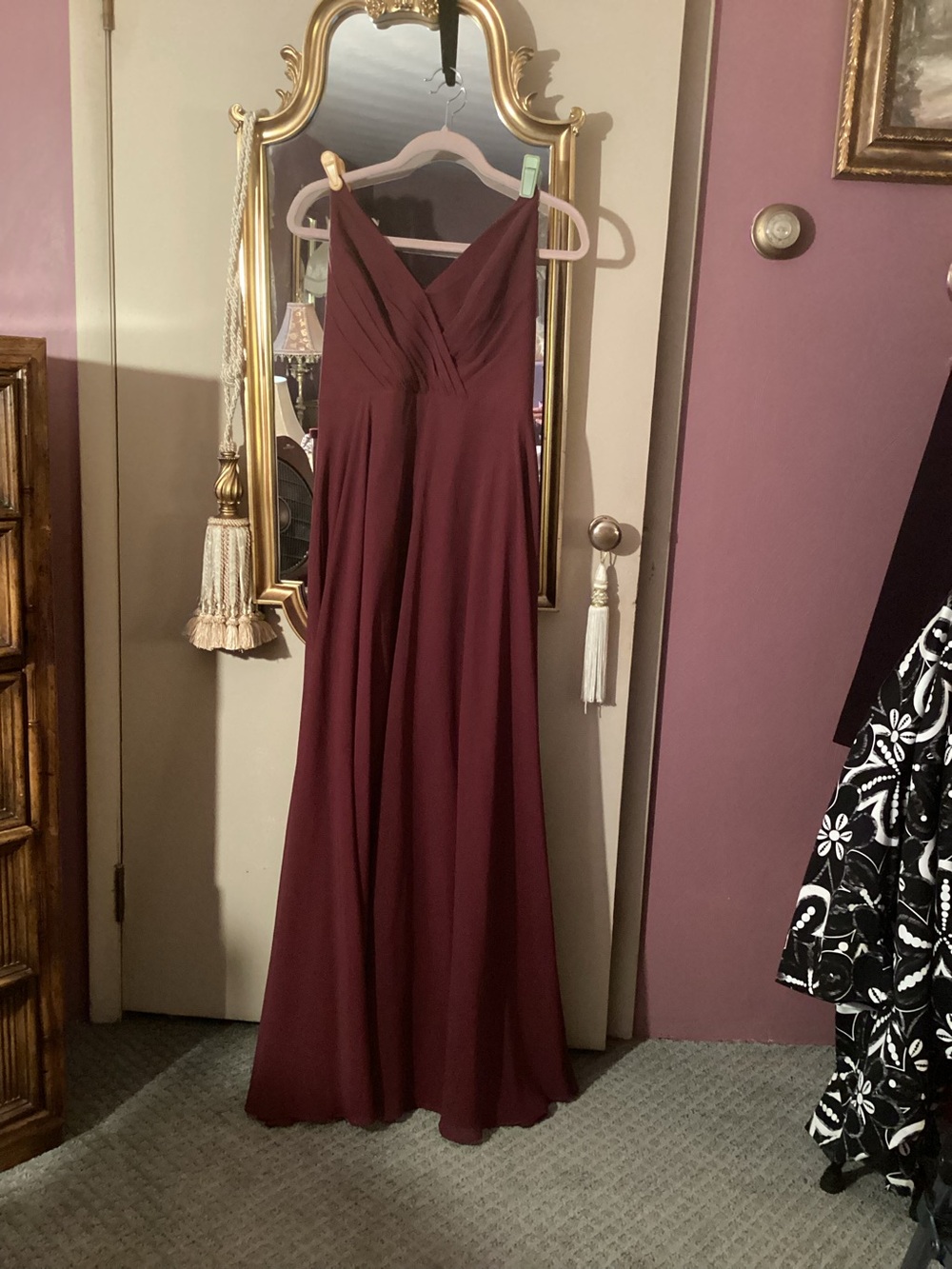 David's Bridal Burgundy V-Neck Ruched Bodice Maxi Dress